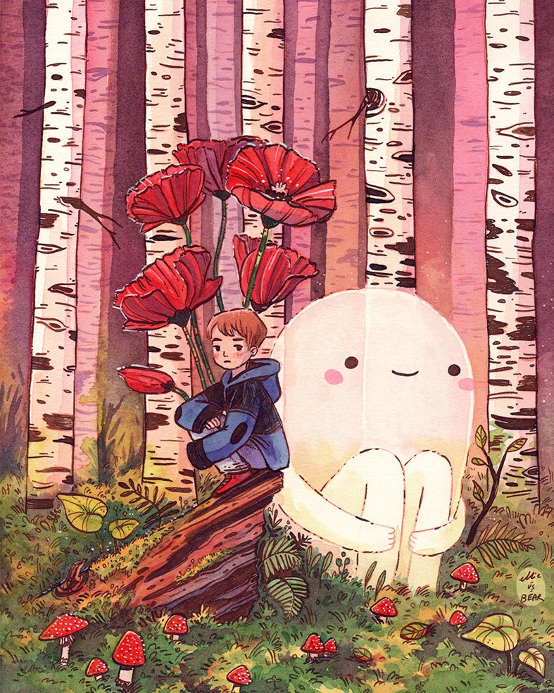 1boy artist_name blue_hoodie brown_hair commentary ellievsbear english_commentary flower foliage ghost grass hood hoodie knees_up leaf moss mushroom original outdoors oversized_flower pants red_flower shoes short_hair signature sitting on_tree_stump smile solid_circle_eyes solid_eyes spirit tree tree_stump very_short_hair