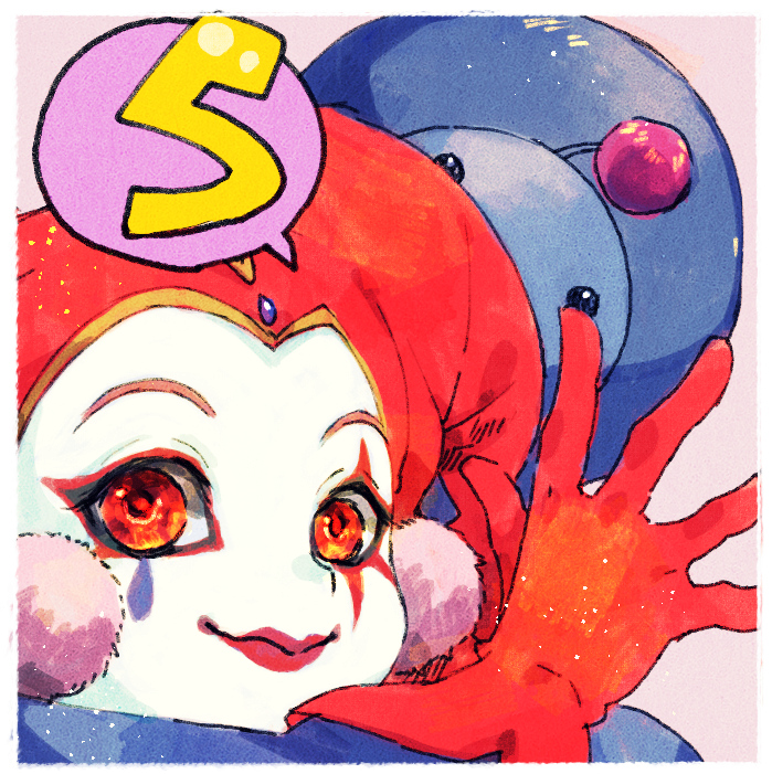 1girl chrono_cross closed_mouth clown commentary_request facepaint gloves harle_(chrono_cross) hat jester jester_cap looking_at_viewer orange_eyes pink_background pom_pom_(clothes) portrait red_gloves smile starky_(chrono_cross) teardrop_facial_mark tokio_(okt0w0)
