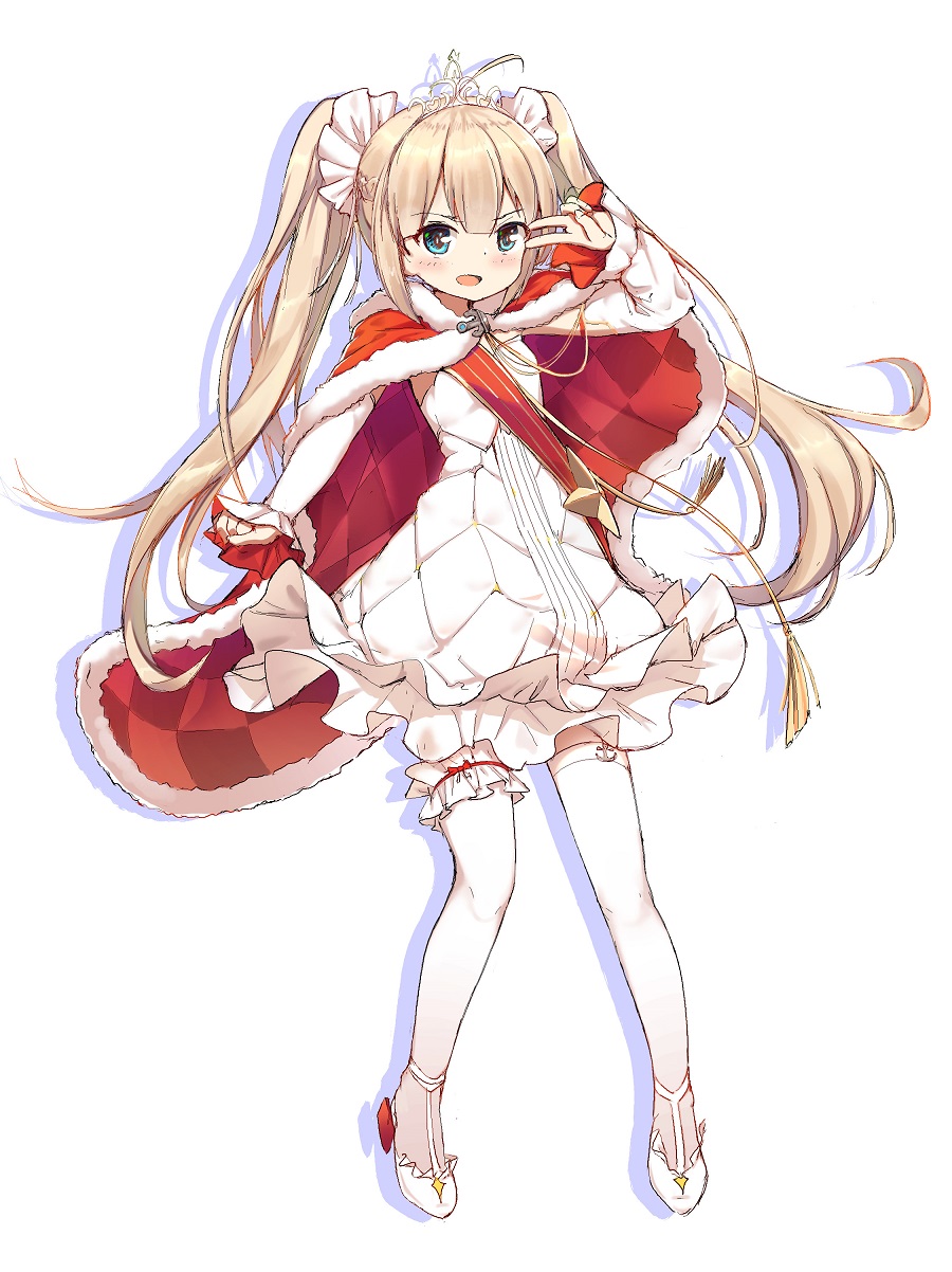 1girl amazon_(azur_lane) amazon_(little_orchestra)_(azur_lane) anchor_symbol azur_lane blonde_hair blue_eyes blush cape dress female_focus hair_ornament highres long_hair looking_at_viewer open_mouth qkracho_(thesdroz) simple_background solo thighhighs tiara twintails v white_background