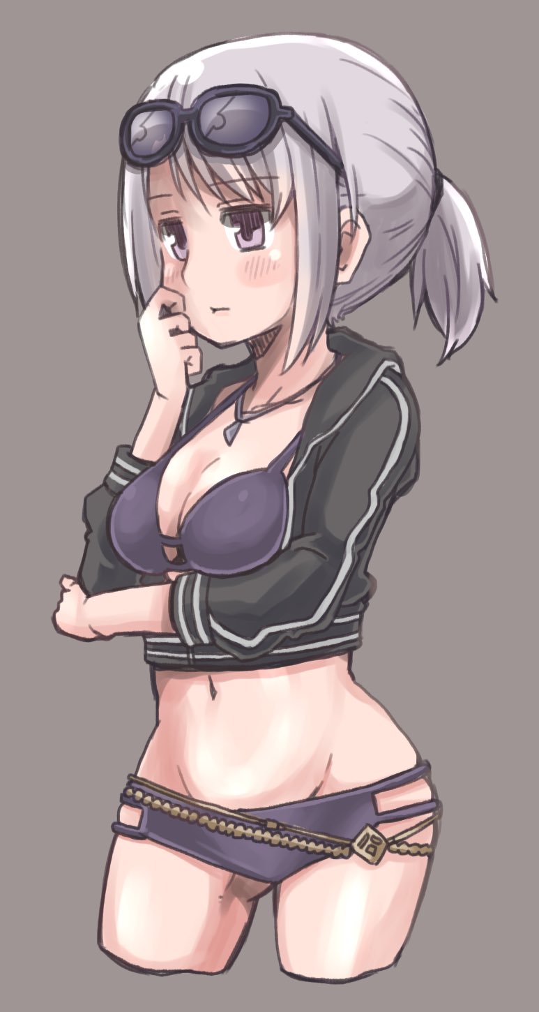 1girl bikini black_jacket breasts cleavage closed_mouth cropped_jacket cropped_legs es_(eisis) eyewear_on_head grey_background grey_hair highres izumi_kanagi izumi_kanagi_(swimsuit_costume) jacket jewelry long_sleeves magia_record:_mahou_shoujo_madoka_magica_gaiden mahou_shoujo_madoka_magica medium_breasts necklace ponytail purple_bikini purple_eyes sidelocks simple_background solo sunglasses swimsuit