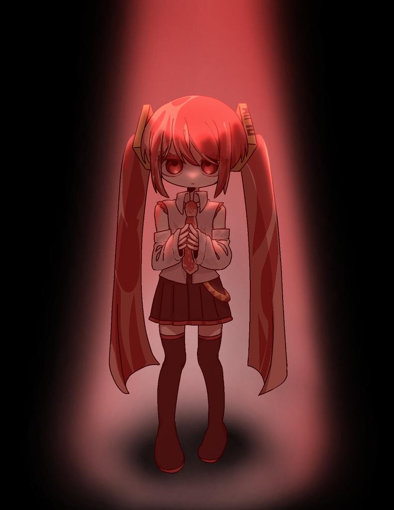 1girl adapted_costume alternate_eye_color alternate_hair_color boots closed_mouth collared_shirt detached_sleeves full_body hair_ornament hatsune_miku long_hair long_sleeves looking_at_viewer miniskirt necktie niku_miku_(nankai) own_hands_together pleated_skirt raw_meat red_eyes red_hair red_necktie shirt skirt sleeveless sleeveless_shirt sleeves_past_wrists sn_(sn_utu00) solo spotlight standing thigh_boots twintails very_long_hair vocaloid