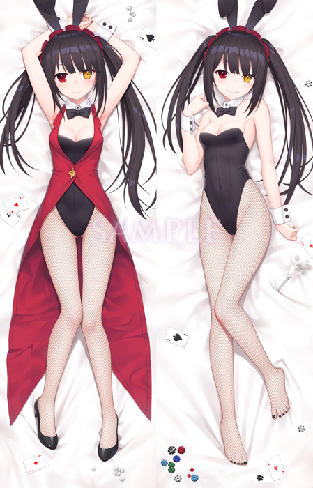 1girl animal_ears black_bow black_bowtie black_hair black_leotard bow bowtie breasts card dakimakura_(medium) date_a_live dice fake_animal_ears heijialan heterochromia leotard looking_at_viewer medium_breasts playboy_bunny playing_card rabbit_ears red_eyes thighs tokisaki_kurumi twintails wrist_cuffs
