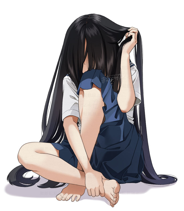 1girl barefoot black_hair blue_sailor_collar blue_skirt commentary_request feet hair_over_eyes knee_up long_hair mattaku_mousuke original sailor_collar school_uniform serafuku short_sleeves simple_background sitting skirt solo toenails toes white_background