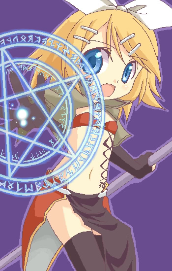1girl 2000s_(style) bikini bikini_top_only black_gloves black_thighhighs blonde_hair blue_eyes bow commentary_request cowboy_shot flat_chest gloves hair_bow hair_ornament hairclip holding holding_staff kagamine_rin looking_at_viewer mage_(ragnarok_online) magic magic_circle midriff midriff_tattoo navel oekaki open_mouth pelvic_curtain pentagram purple_background ragnarok_online red_bikini red_skirt shirokuro_(lapinnoir) short_hair showgirl_skirt simple_background skirt solo staff swimsuit thighhighs vocaloid white_bow