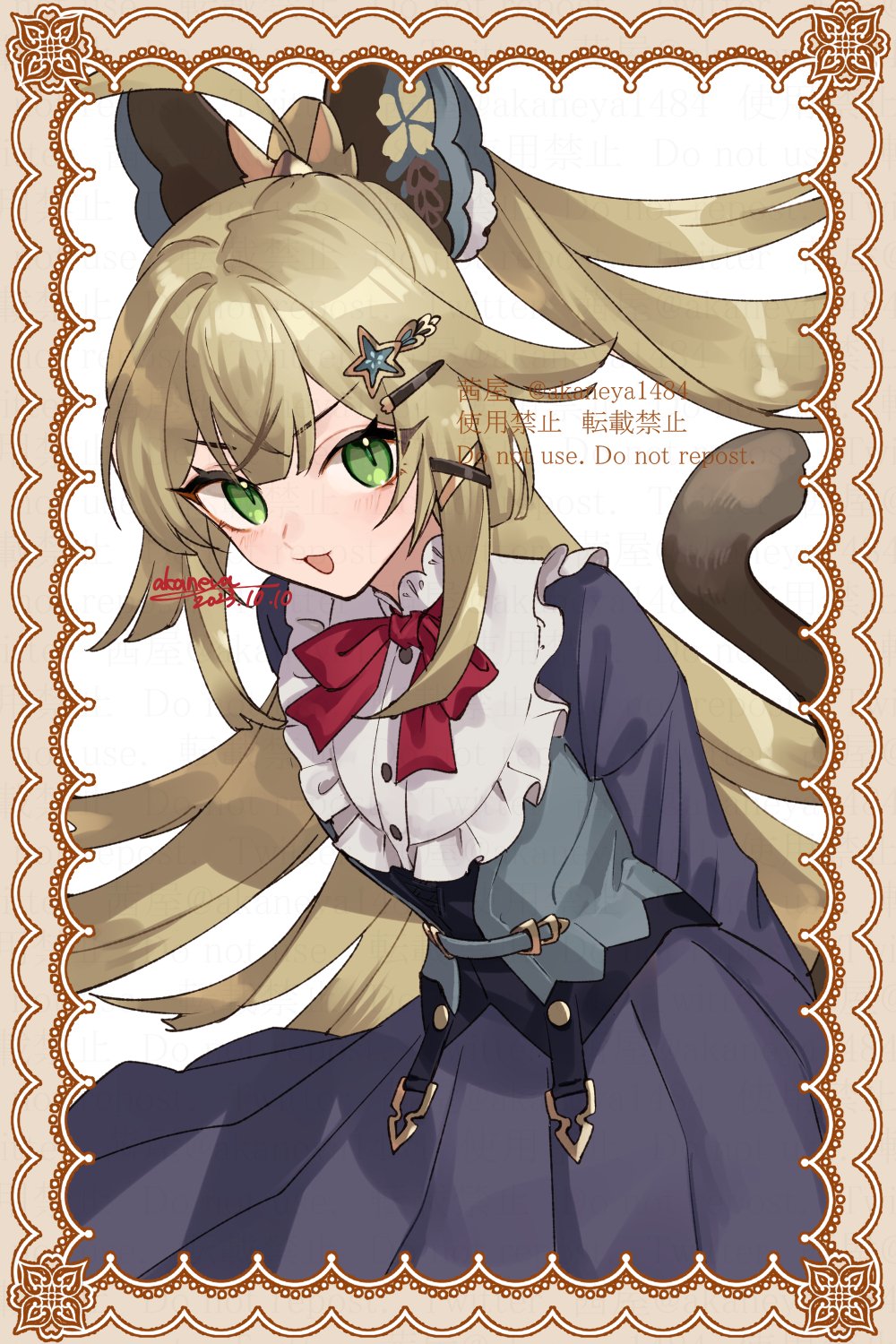 1girl :3 :d ahoge alternate_costume animal_ears arms_behind_back artist_name blue_dress blue_vest blush border bow bowtie brown_border brown_hair buttons cat_ears cat_girl cat_tail commentary_request dated detached_collar dress eyelashes floating_hair framed frills genshin_impact green_eyes hair_between_eyes hair_ornament hairclip high_ponytail highres kirara_(genshin_impact) leaning_forward long_hair long_sleeves looking_at_viewer neck_ribbon ojo_aa open_mouth ponytail red_bow red_bowtie red_ribbon ribbon sidelocks signature simple_background smile solo star_(symbol) star_hair_ornament tail twitter_username v-shaped_eyebrows vest watermark white_background x_hair_ornament
