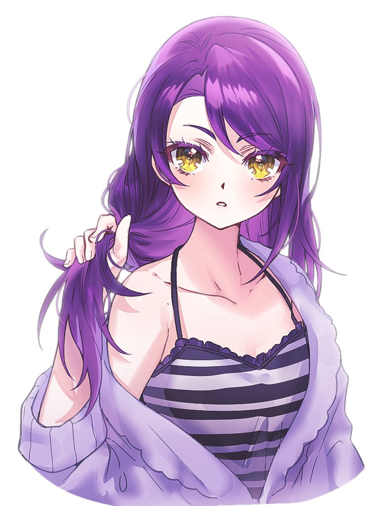 1girl bare_shoulders breasts bunching_hair cardigan chuu0105 cleavage cropped_torso hair_down hand_up holding holding_own_hair long_hair looking_at_viewer off_shoulder open_mouth pretty_series pripara purple_cardigan purple_hair purple_shirt shirt simple_background small_breasts solo spaghetti_strap striped_clothes striped_shirt toudou_shion upper_body white_background yellow_eyes