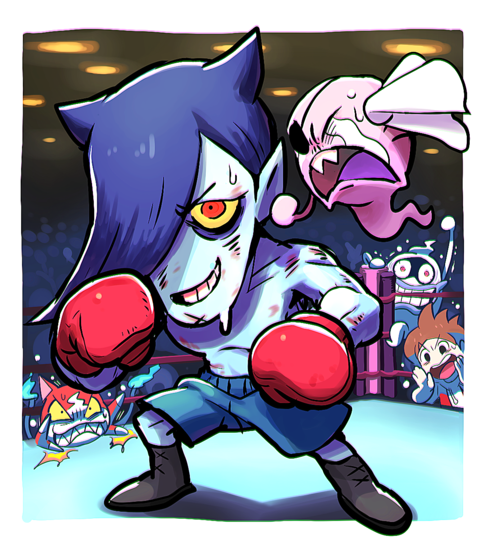 2boys amano_keita anno_joe black_eyes blue_skin boxing_gloves boxing_ring brown_hair cat colored_sclera colored_skin crying eyepatch flame-tipped_tail floating gashi-gashi ghost grin hair_over_one_eye jibanyan male_focus multiple_boys multiple_tails oyassan_(youkai_watch) pointy_ears purple_hair purple_lips red_eyes sharp_teeth shouting smile streaming_tears tail tears teeth two_tails whisper_(youkai_watch) yellow_sclera youkai_(youkai_watch) youkai_watch youkai_watch_3