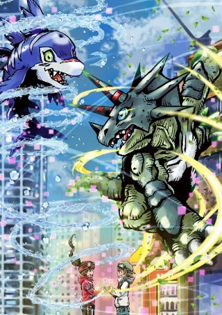 digimon digimon_(creature) goggles goggles_on_head green_eyes horns open_mouth rukamon sharp_teeth teeth triceramon watanabe_kenji