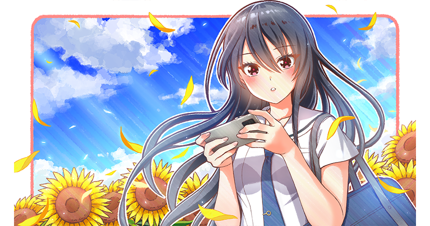 1girl bag black_hair blue_bag blue_necktie border cellphone cinderella_series cloud falling_petals field floating_hair flower flower_field hachigatsu_no_cinderella_nine hair_between_eyes hanako_(akatsuki) holding holding_phone long_hair looking_at_viewer necktie non-web_source official_art outdoors outside_border parted_lips petals phone red_eyes sailor_collar satogahama_school_uniform school_bag school_uniform serafuku shinonome_ryo shirt short_sleeves sky smartphone solo standing summer_uniform sunflower sunflower_field very_long_hair white_border white_sailor_collar white_shirt wind yellow_petals