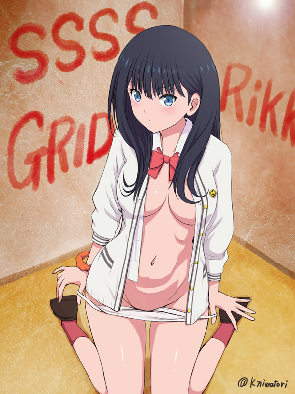 10s 1girl black_hair blue_eyes blush breasts breasts_apart closed_mouth commentary_request female_focus gridman_universe kneeling long_hair looking_at_viewer medium_breasts navel niwatori_kokezou open_clothes open_shirt panties panty_pull shiny_skin shirt solo ssss.gridman takarada_rikka underwear white_panties white_shirt