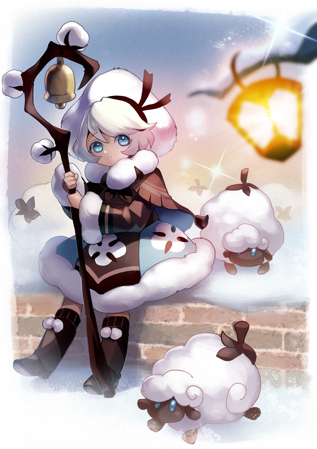 1girl bell black_ribbon blue_background blue_eyes boots brown_boots brown_capelet brown_dress brown_gloves capelet cookie_run cookie_run:_kingdom cotton_boll cotton_cookie dress fingerless_gloves full_body fur-trimmed_dress fur-trimmed_sleeves fur_hat fur_trim gloves hat hat_ribbon highres holding holding_lantern holding_staff humanization knee_boots lantern long_sleeves looking_at_viewer osafune_ai parted_lips ribbon sheep shepherd shepherd&#039;s_crook short_bangs short_hair sitting smile snowing solo staff standing standing_on_one_leg white_hair
