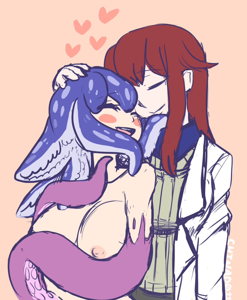 2girls artist_name blush blush_stickers breasts chinad011 closed_eyes awawa_(mon-musu_quest!) hand_on_another&#039;s_head headpat heart lab_coat large_breasts long_hair mon-musu_quest! monster_girl mother_and_daughter multiple_girls nipples open_mouth pale_skin pink_background promestein red_hair sidelocks simple_background smile tentacle_hair tentacles