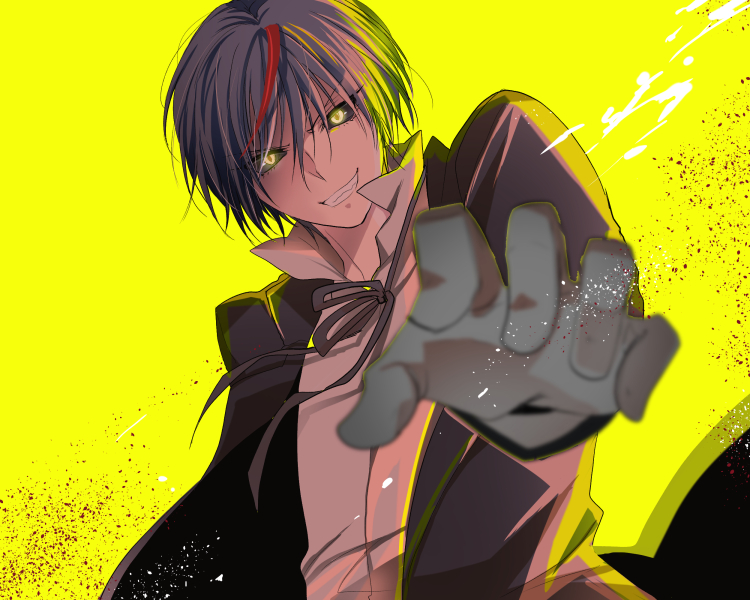 1boy black_background black_hair black_jacket black_sclera blurry colored_sclera depth_of_field diablo_(tensura) dutch_angle evil_smile grin high_collar jacket looking_at_viewer male_focus mariwai_(marireroy) multicolored_hair outstretched_arm reaching reaching_towards_viewer short_hair smile solo streaked_hair tensei_shitara_slime_datta_ken upper_body v-shaped_eyebrows yellow_background yellow_eyes