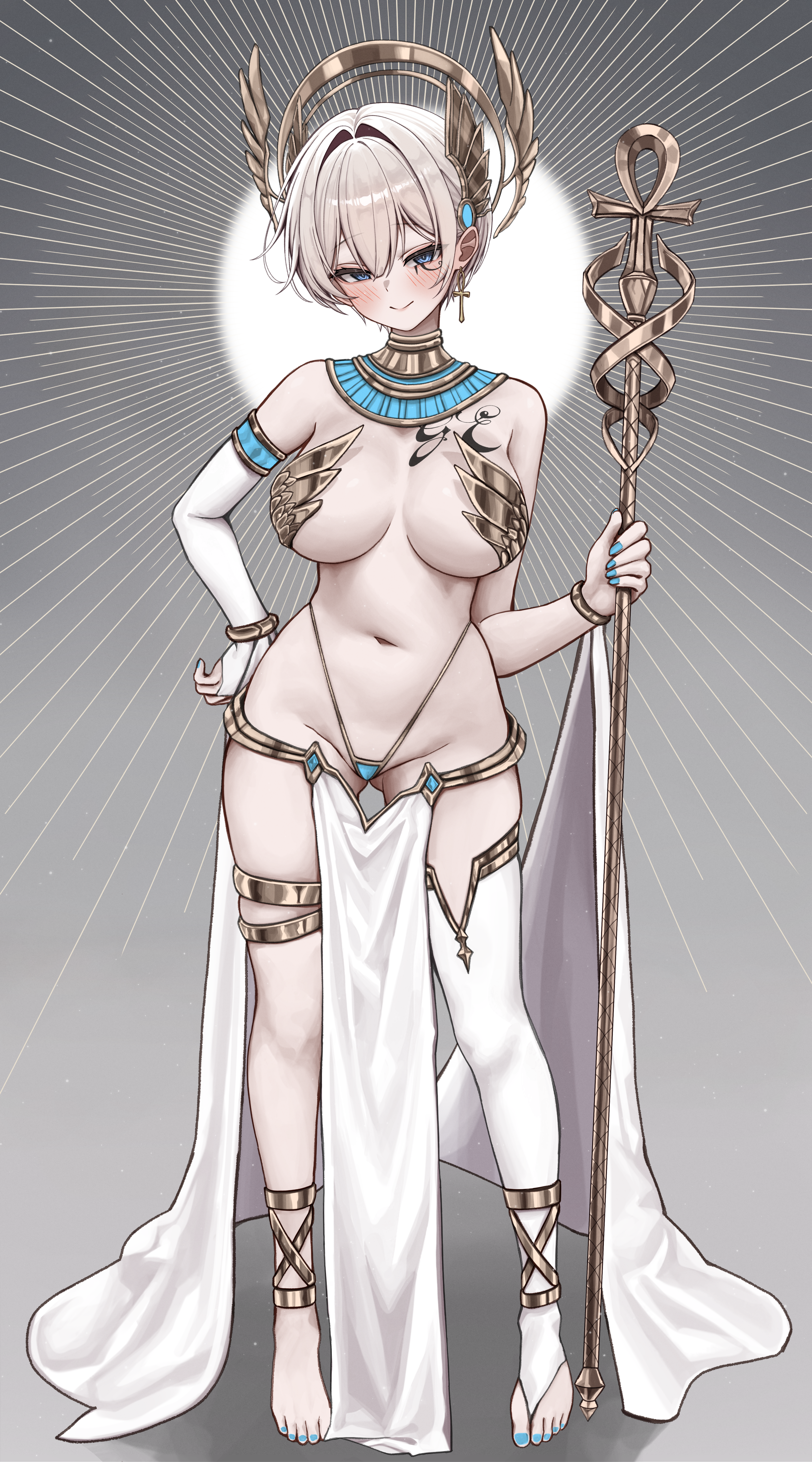 1girl absurdres ancient_egyptian_clothes bikini blue_eyes blue_nails bracelet breasts chest_tattoo cross cross_earrings earrings full_body gloves gluteal_fold gold gold_bracelet grey_hair groin gwan-e hair_ornament highres holding holding_staff jewelry large_breasts micro_bikini navel neck_ring original pelvic_curtain short_hair single_earring single_glove single_thighhigh staff standing swimsuit tattoo thighhighs thighlet