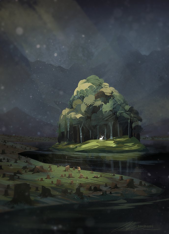 deer glowing green_theme island landscape light_particles mountainous_horizon no_humans original outdoors painterly polar_opposites river scenery subsurface_scattering tree tree_stump zandra