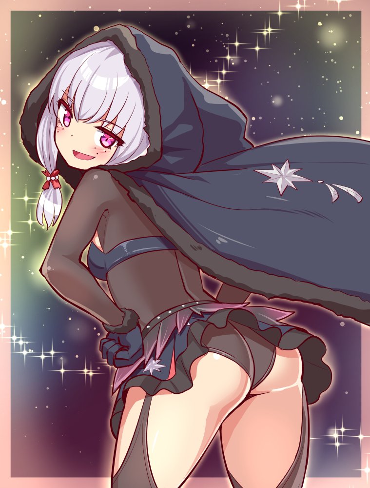 1girl agria_(black_santa)_(tales) agria_(tales) ass black_cloak blunt_bangs blush bodystocking cape christmas cloak clothing_cutout commission cougar_(cougar1404) freckles fur-trimmed_cloak fur_trim hair_rings hands_on_own_hips hood hooded_cloak long_hair looking_at_viewer looking_back low-tied_sidelocks navel official_alternate_costume outdoors purple_eyes sidelocks skirt smile snowing solo sparkle_background standing star_(symbol) stomach tales_of_(series) tales_of_the_rays tales_of_xillia thigh_cutout wedgie white_hair