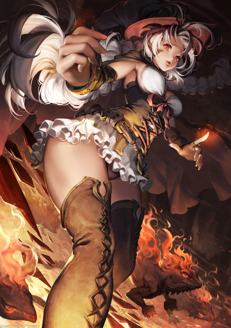 1girl artist_name black_panties boots braid breasts caesty corset detached_sleeves familiar female_focus fingernails fire lace-up_boots lace-up_thighhighs long_fingernails long_hair magic medium_breasts open_mouth original panties pantyshot red_eyes solo standing thigh_boots thighhighs twin_braids underwear white_hair