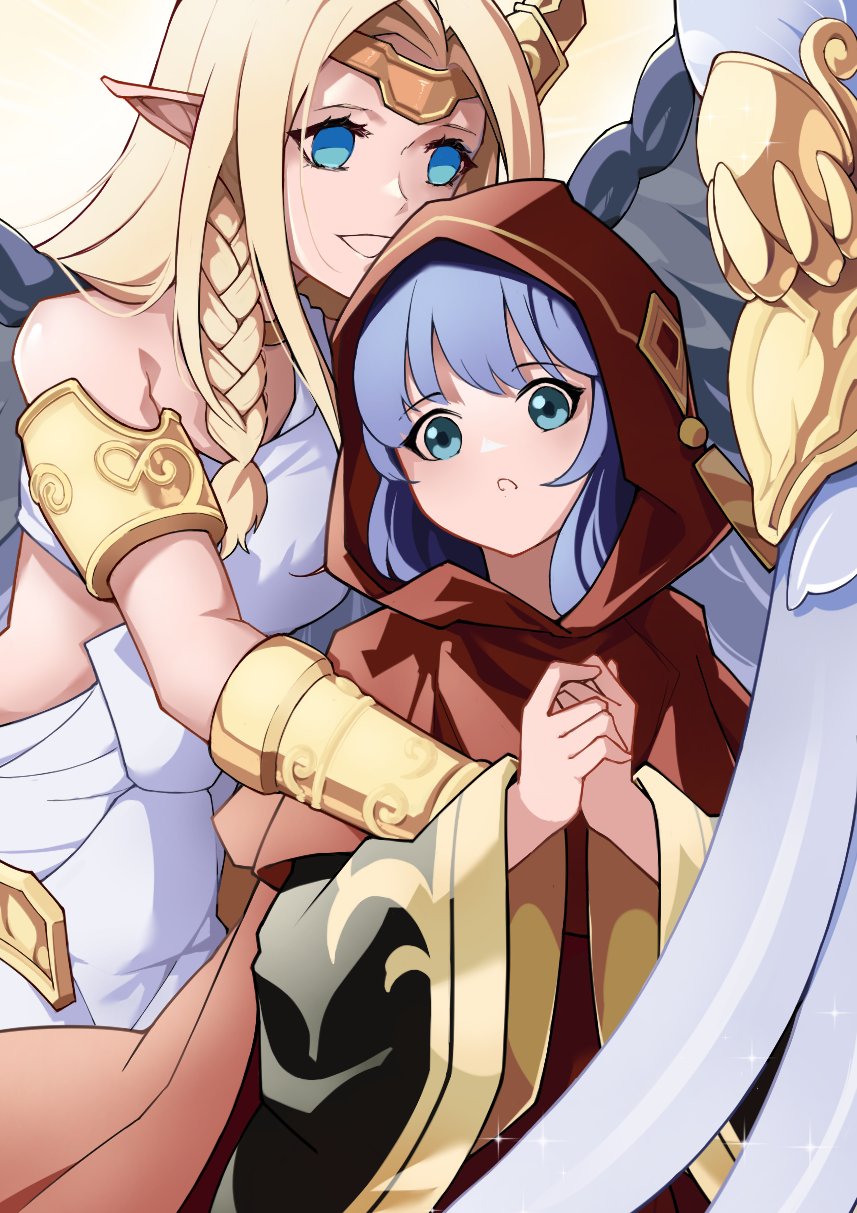 2girls bare_shoulders black_robe blonde_hair blue_eyes blue_hair cape character_request dress duel_monster highres hood hood_up lo_the_prayers_of_the_voiceless_voice long_hair multiple_girls red_cape red_hood robe tierra_misu upper_body white_dress white_wings wings yu-gi-oh!