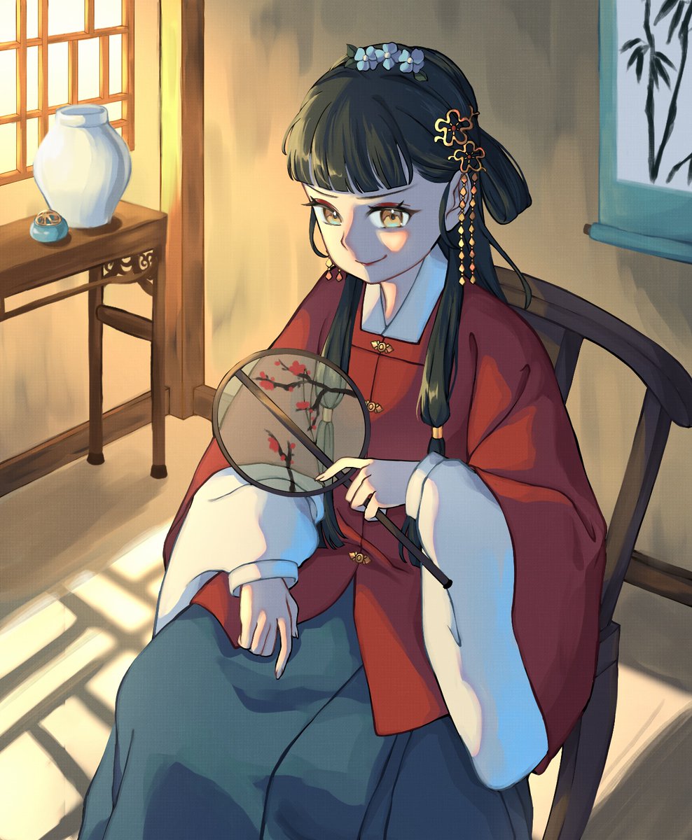 1girl aoqun aqua_skirt architecture bamboo beizi_(clothing) black_hair blue_flower chair china_(kuroussa) chinese_clothes east_asian_architecture flower hair_flower hair_ornament hair_rings hanfu highres kuroussa long_skirt long_sleeves original personification scroll skirt smile solo square_neckline table tuanshan vase wide_sleeves window_shadow yellow_eyes