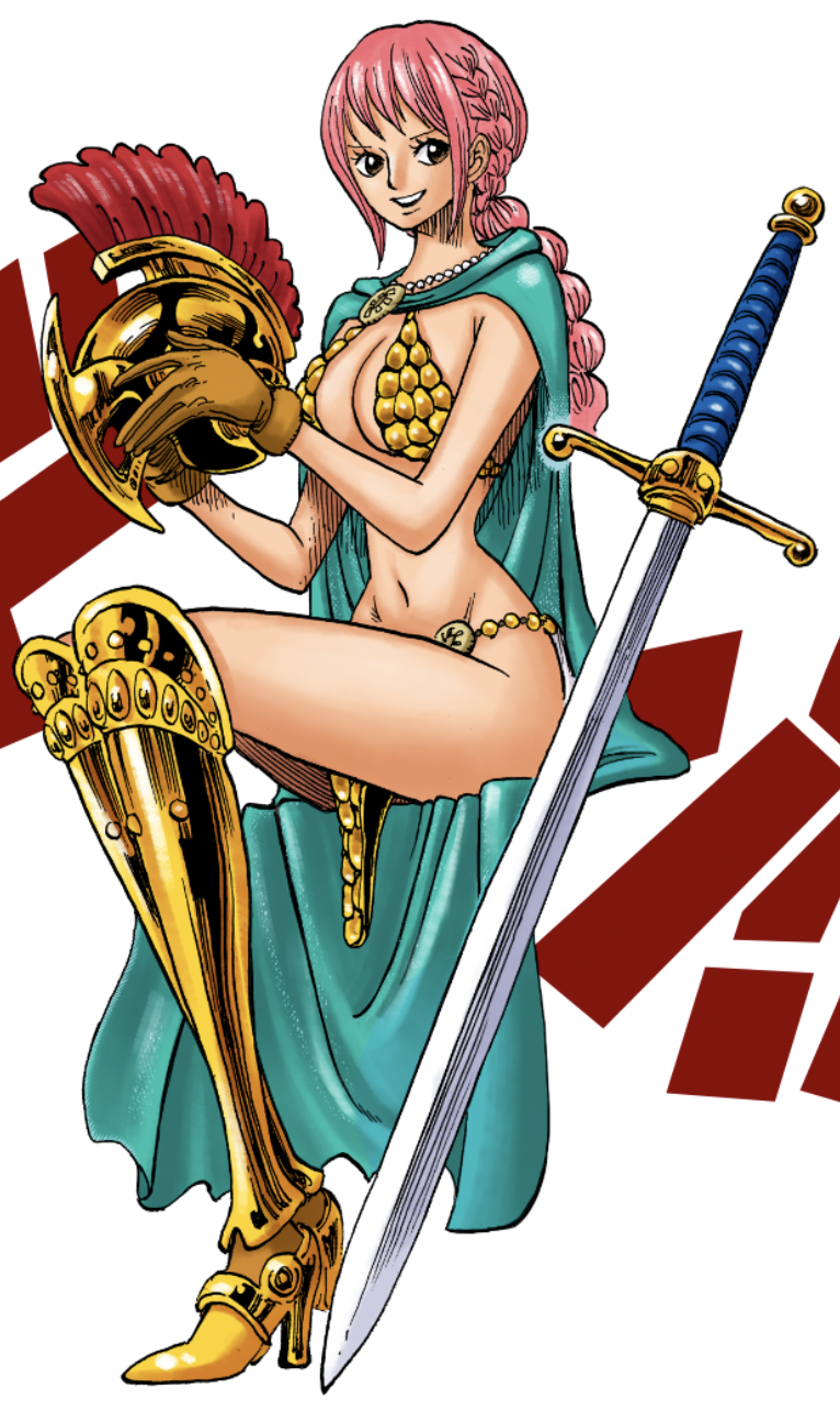 1girl armor bare_legs bikini_armor blue_sky braid breasts cape character_name colorized flower helmet highres holding holding_helmet large_breasts long_hair looking_at_viewer navel oda_eiichirou official_art one_piece pink_hair rebecca_(one_piece) recolor shiny_skin sky solo standing sunflower sword weapon wide_hips