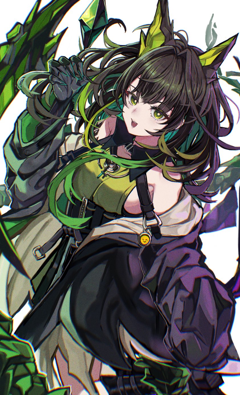 1girl ahoge arknights ayahito_(aya10n) bare_shoulders black_boots black_claws black_collar black_hair black_jacket boots breasts collar colored_inner_hair commentary crystal_horns crystal_tail detached_collar dress emoji fangs green_dress green_eyes green_hair hand_up highres huge_ahoge jacket jumping large_breasts long_hair long_sleeves looking_at_viewer material_growth mon3tr_(arknights) multicolored_hair off_shoulder open_clothes open_jacket open_mouth oripathy_lesion_(arknights) sideboob sidelocks simple_background sleeveless sleeveless_dress smile solo stethoscope stethoscope_around_neck tail teeth tongue two-tone_hair white_background wide_sleeves