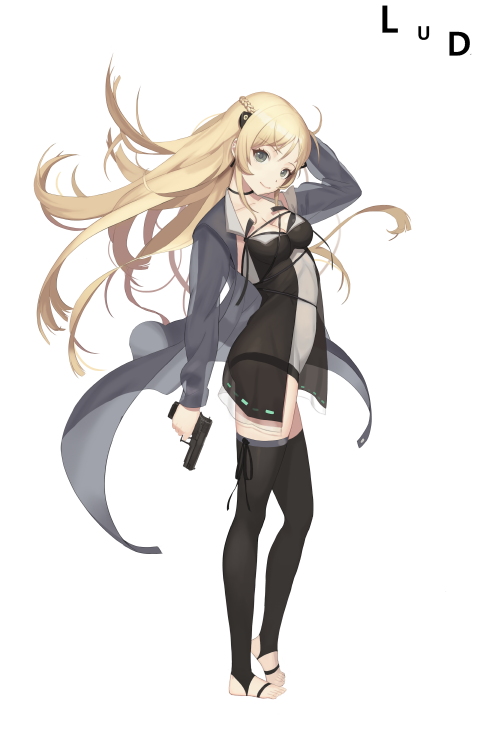 1girl barefoot black_thighhighs blonde_hair braid breasts cleavage clothes female_focus french_braid girls&#039;_frontline green_eyes gun holding holding_weapon jacket k5_(girls&#039;_frontline) lud solo standing thighhighs weapon