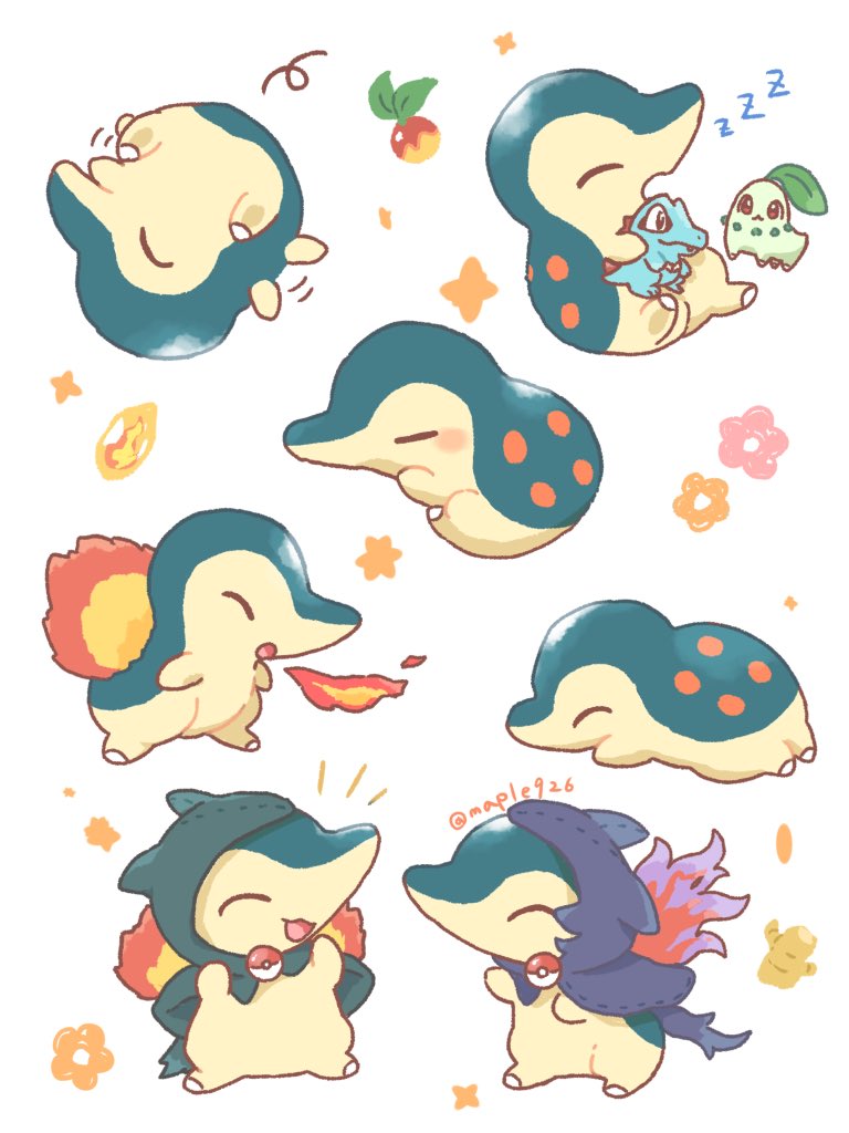 berry_(pokemon) breath_weapon breathing_fire chikorita commentary_request cyndaquil evolution_stone evolutionary_stone fire fire_stone flower game_freak gen_2_pokemon ginger_root hisuian_typhlosion hood hoodie kana_(maple926) leppa_berry nintendo no_humans open_mouth pokemon pokemon_(creature) sitting totodile typhlosion