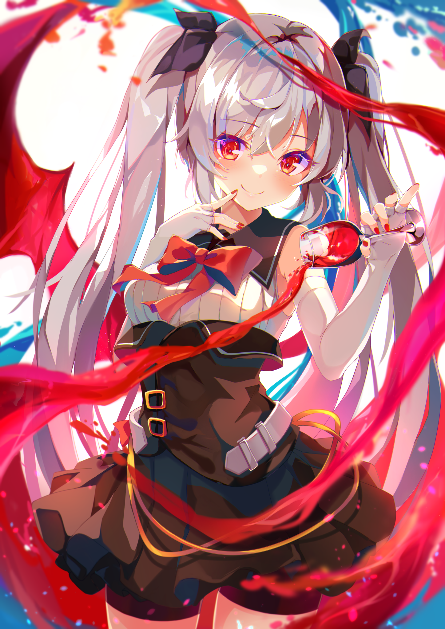 1girl ahoge alcohol black_skirt breasts chalice closed_mouth copyright_request cup demon_girl demon_wings dennryuurai dress evil_smile girdle grey_hair hair_ornament hair_over_shoulder hair_ribbon hand_on_own_face hand_up highres holding holding_cup long_hair looking_at_viewer medium_breasts necktie no_headwear no_socks red_eyes red_wine red_wings ribbon skirt sleeveless sleeveless_dress smile standing twintails very_long_hair virtual_youtuber water white_background wine wings