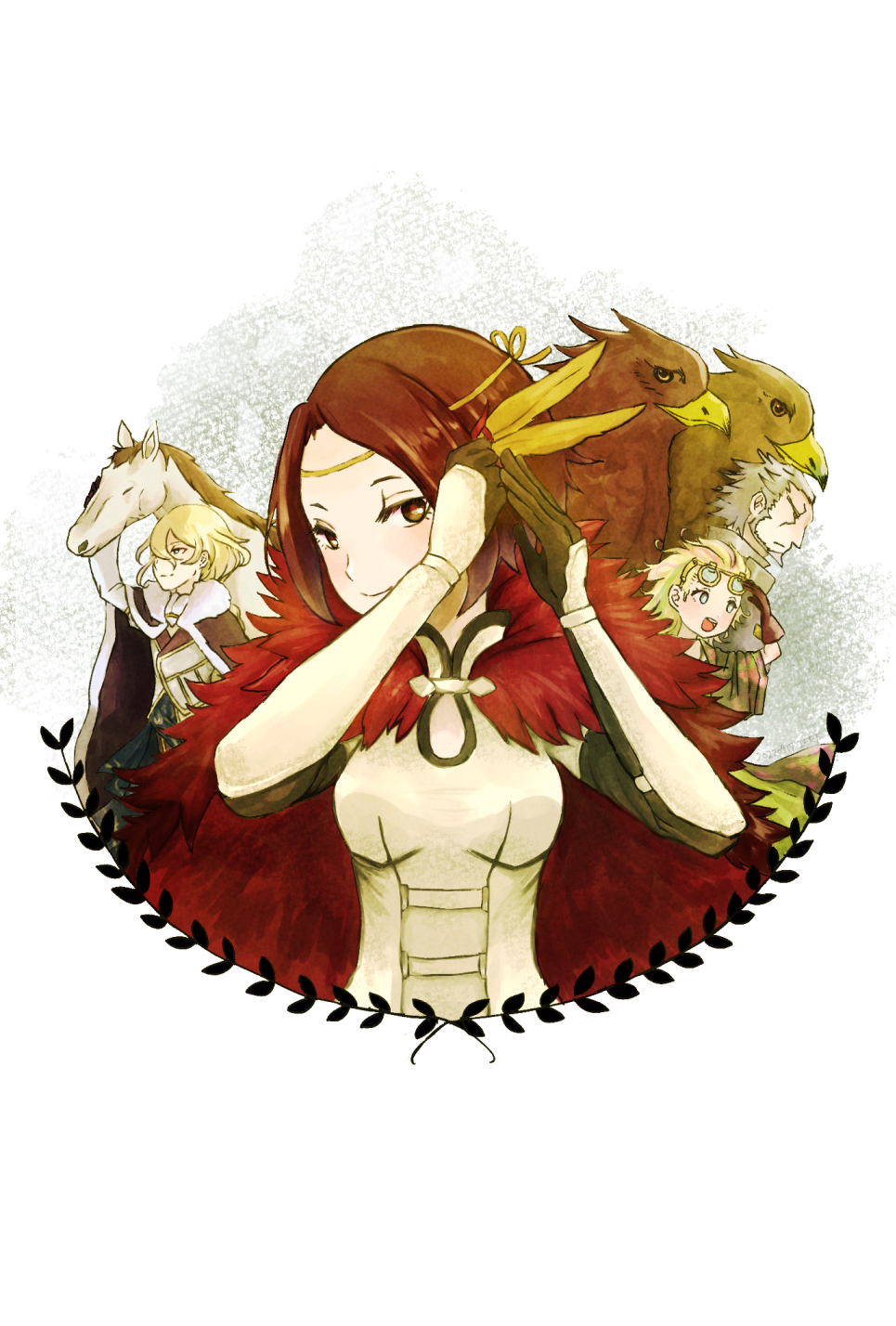 adjusting_hair_ornament amurokku_utsubo beard benedict_pascal bird blonde_hair breasts brown_cape brown_eyes brown_gloves brown_hair cape facial_hair feathered_cape fur_trim gloves goggles goggles_on_head grey_hair highres horse red_cape roland_glenbrook short_hair small_breasts smile triangle_strategy upper_body