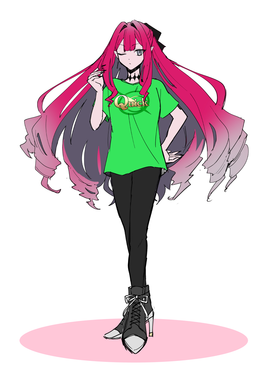 1girl baobhan_sith_(fate) black_pants fate/grand_order fate_(series) full_body green_shirt grey_hair hair_ribbon hand_on_own_hip hand_up high_heels highres long_hair looking_at_viewer one_eye_closed pants pink_hair pointy_ears quick_shirt ribbon shirt sidelocks solo torinonest white_background