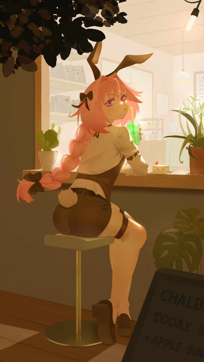 1boy animal_ears ass astolfo_(fate) black_bow bow braid cactus cafe cake closed_mouth crossed_legs drinking drinking_straw drinking_straw_in_mouth facing_away fate/apocrypha fate/grand_order fate_(series) food hair_bow hair_intakes highres looking_at_viewer menu_board multiple_hair_bows non-web_source overhead_lights pink_eyes pink_hair plant potted_plant rabbit_ears single_braid sitting strawberry_cake trap