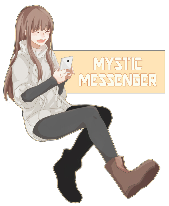 1girl black_pantyhose boots brown_boots brown_hair cellphone closed_eyes copyright_name full_body grey_sweater happy long_hair long_sleeves open_mouth pantyhose phone protagonist_(susanghan_messenger) simple_background sitting smartphone solo susanghan_messenger sweater white_background yoru_hidari