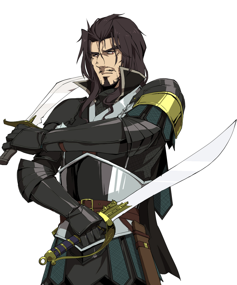 1boy armor belt black_armor black_shirt brown_belt brown_eyes brown_hair crossed_arms dual_wielding facial_hair facing_to_the_side facing_viewer gauntlets goatee green_trim green_tunic gurast holding holding_sword holding_weapon knight looking_to_the_side male_focus mature_male original popped_collar scabbard sheath shirt shoulder_armor sword tunic weapon white_background