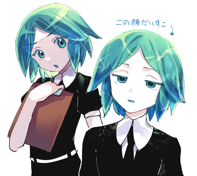 1other androgynous aqua_eyes aqua_hair black_necktie black_shirt black_shorts clipboard collar colored_skin crystal_hair gem_uniform_(houseki_no_kuni) head_tilt holding holding_clipboard houseki_no_kuni looking_at_viewer necktie open_mouth other_focus phosphophyllite phosphophyllite_(gemstone) shirt short_sleeves shorts simple_background white_background white_collar white_skin xox_xxxxxx