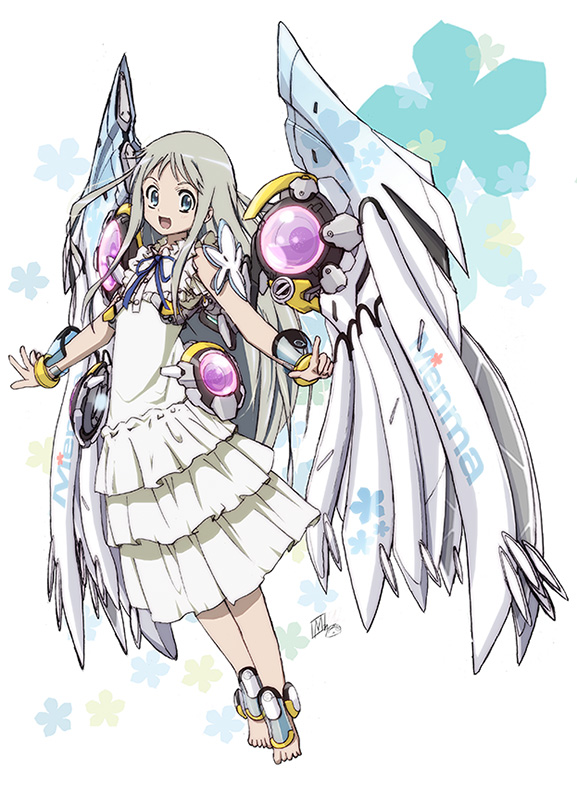 1girl akitaka_mika ano_hi_mita_hana_no_namae_wo_bokutachi_wa_mada_shiranai. blue_eyes commentary_request dress full_body grey_hair honma_meiko long_hair mecha_musume solo sundress textless_version wings