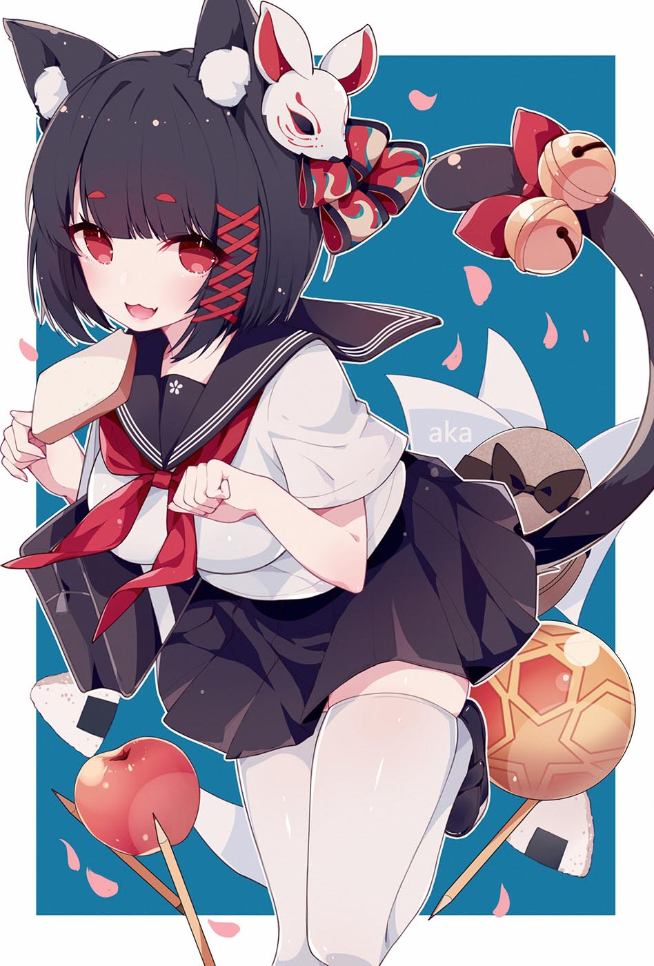 1girl aka_kan animal_ear_fluff animal_ears apple azur_lane bag bell black_hair black_sailor_collar black_skirt blunt_bangs bread bread_slice breasts cat_ears cat_tail fang female_focus food fruit highres jingle_bell knee_up large_breasts leaning_forward looking_at_viewer mask mask_on_head neckerchief onigiri open_mouth paw_pose pleated_skirt red_eyes red_neckerchief sailor_collar school_bag school_uniform serafuku shirt short_hair short_sleeves skirt smile solo tail tail_bell tail_ornament thighhighs toast white_shirt white_thighhighs yamashiro_(azur_lane) yamashiro_(street_corner_offensive!)_(azur_lane)