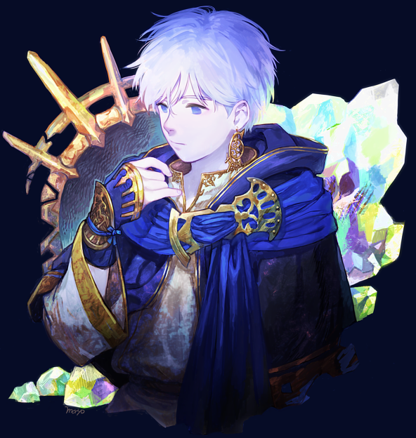 1boy blue_cloak blue_eyes cloak closed_mouth crystal earrings fingernails hair_between_eyes hood hood_down jewelry male_focus moryo original signature single_earring upper_body white_hair