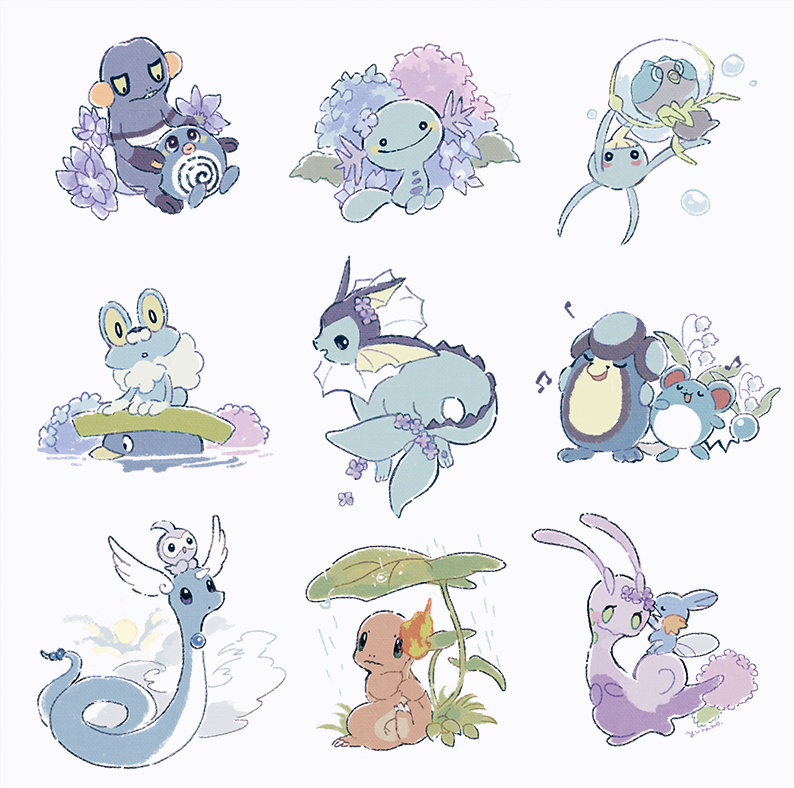 :d black_eyes blush blush_stickers bubble castform castform_(normal) charmander closed_eyes closed_mouth croagunk dewpider dragonair fire flame-tipped_tail flower froakie gen_1_pokemon gen_2_pokemon gen_3_pokemon gen_4_pokemon gen_5_pokemon gen_6_pokemon gen_7_pokemon green_eyes holding holding_pokemon leaf looking_at_viewer lotad marill mudkip music musical_note nintendo on_head open_mouth palpitoad pokemon pokemon_(creature) pokemon_on_head poliwag purple_flower riding riding_pokemon singing sliggoo smile surskit tail vaporeon water wooper yurano_(upao) |d