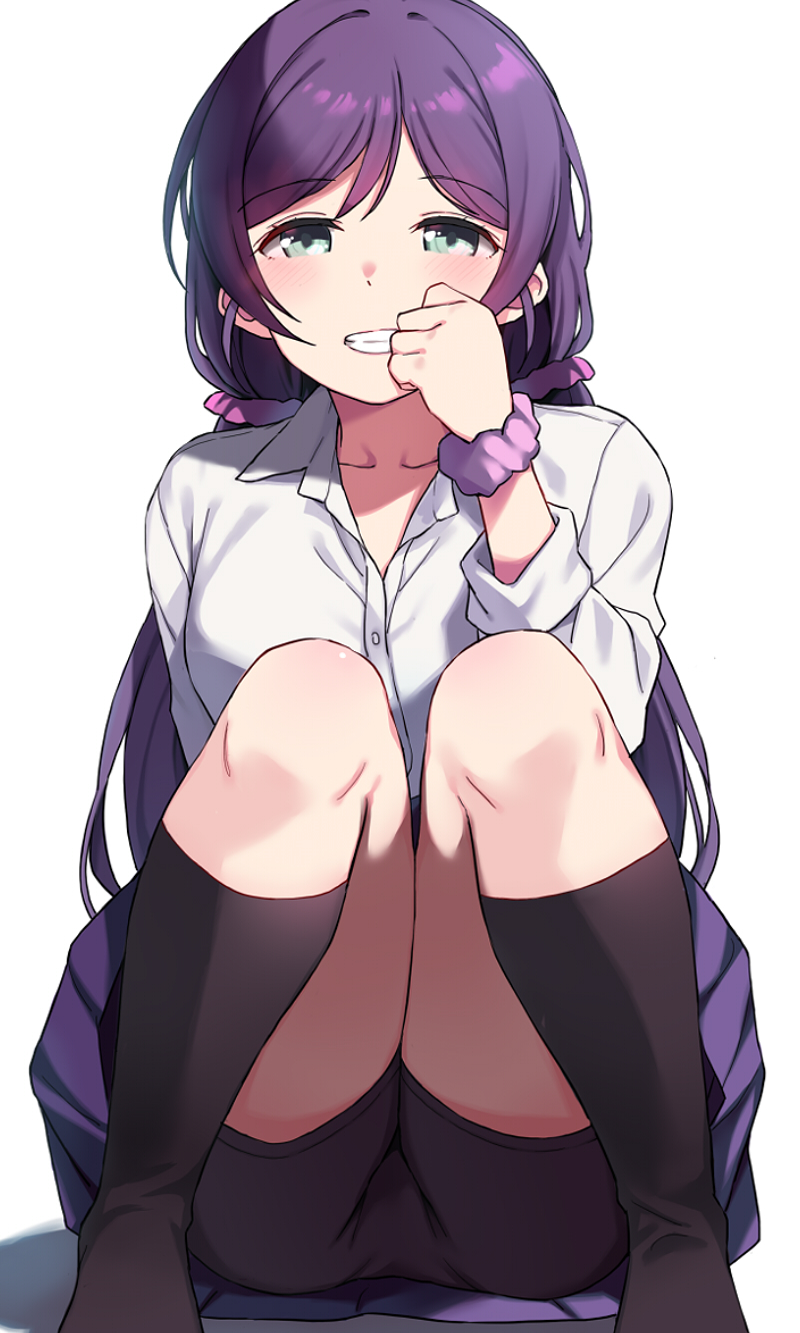 1girl bike_shorts clenched_teeth duke_(inu_daimyou) green_eyes hair_ornament hair_scrunchie highres long_hair looking_at_viewer love_live! love_live!_school_idol_project low_twintails pink_scrunchie purple_hair purple_skirt scrunchie shirt simple_background skirt smile solo squatting teeth tojo_nozomi twintails white_background white_shirt wrist_scrunchie