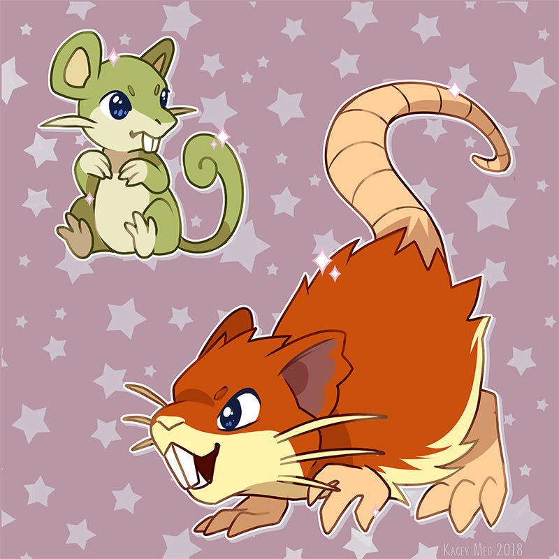 alternate_color animal_focus artist_name blue_eyes commentary dated english_commentary evolutionary_line full_body gen_1_pokemon kaceymeg nintendo no_humans open_mouth pokemon pokemon_(creature) purple_background raticate rattata shiny_pokemon simple_background star_(symbol) whiskers