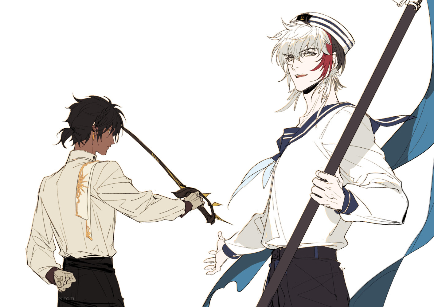 2boys arknights arm_behind_back black_hair black_pants blue_neckerchief blue_sailor_collar chinese_commentary closed_mouth collared_shirt commentary_request cowboy_shot dark-skinned_male dark_skin earclip earrings elysium_(arknights) flag gloves holding holding_flag holding_sword holding_weapon jewelry long_sleeves looking_at_viewer looking_back male_focus multicolored_hair multiple_boys neckerchief pants parted_lips ponytail profile red_hair sailor_collar school_uniform serafuku shirt shirt_tucked_in short_hair short_ponytail streaked_hair sword thorns_(arknights) weapon white_gloves white_hair white_shirt xiandao1213