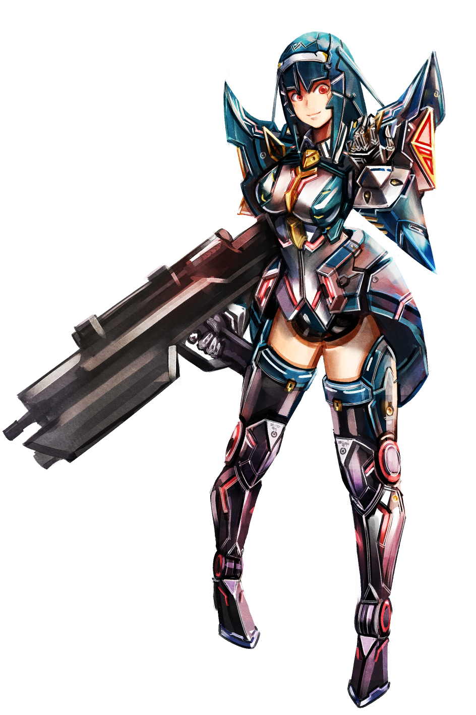 1girl android armor assault_rifle black_hair boots breasts full_body glowing_trim gun hand_up highres hip_armor holding holding_gun holding_weapon joints leg_armor lisa_(pso2) long_hair mecha_musume medium_breasts metal_hair phantasy_star phantasy_star_online_2 red_eyes red_trim rifle robot_joints shoulder_armor sidelocks simple_background smile solo standing sushi_(sashimise) thigh_boots thighhighs weapon white_background
