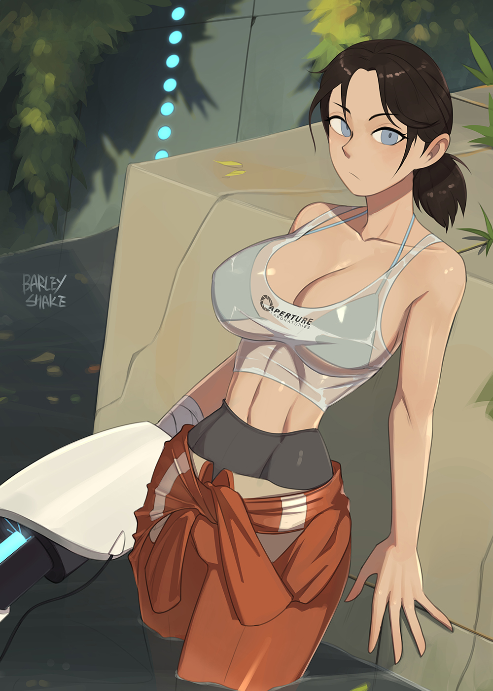 1girl aperture_science_handheld_portal_device barleyshake black_hair bra breasts chell cleavage cowboy_shot grass grey_bra grey_eyes highres large_breasts leaf linea_alba looking_at_viewer navel orange_pants pants partially_submerged plant ponytail portal_(series) see-through_clothes see-through_shirt shirt short_hair solo tank_top underwear wet wet_clothes wet_shirt white_tank_top