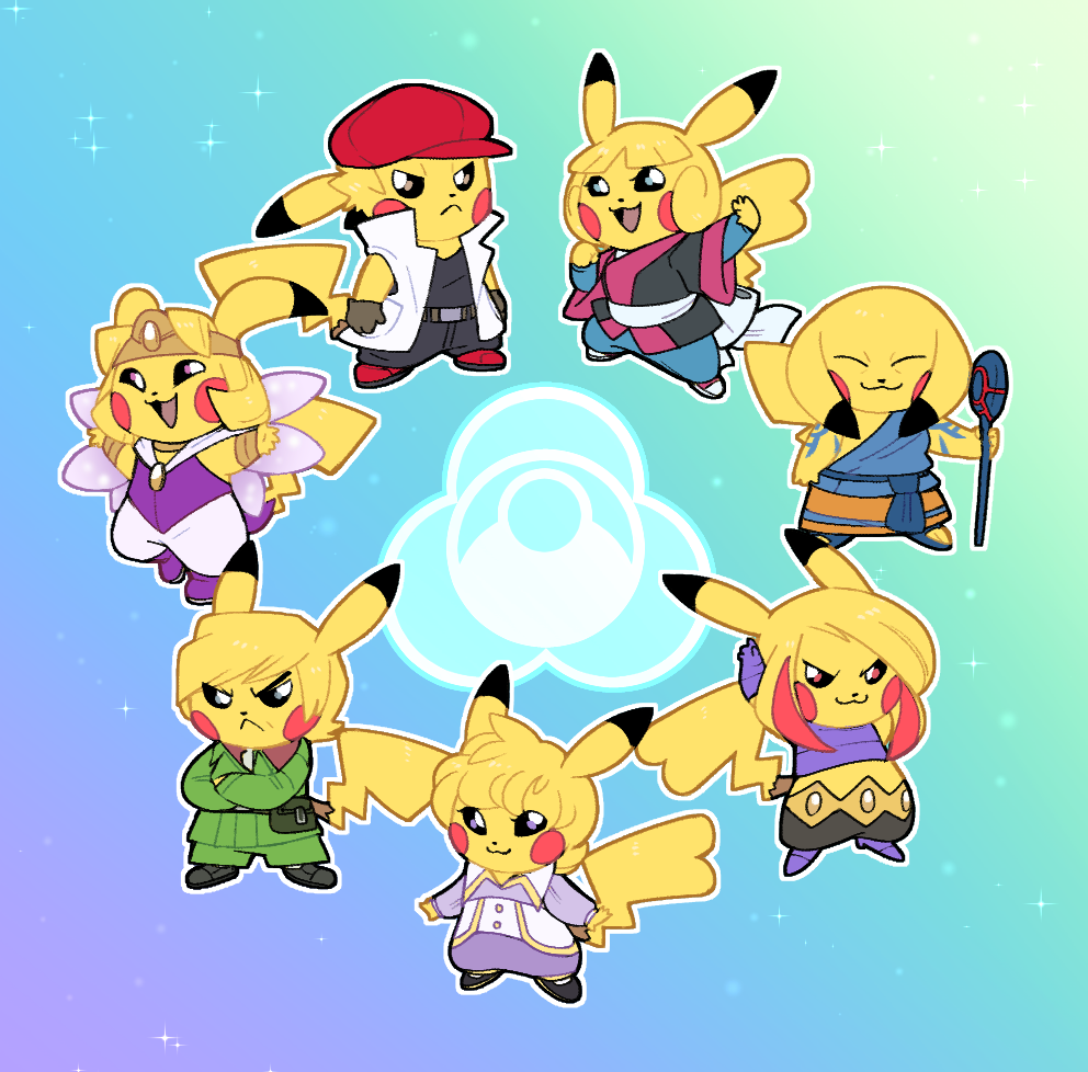 3girls 4boys anabel_(pokemon) animalization brandon_(pokemon) closed_eyes crossed_arms gen_1_pokemon gloves greta_(pokemon) lucy_(pokemon) multiple_boys multiple_girls nintendo noland_(pokemon) open_mouth outstretched_arms pikachu pokemon pokemon_(creature) pokemon_emerald pokemon_rse purple_footwear red_footwear sparkle spenser_(pokemon) tail tucker_(pokemon) vergolophus
