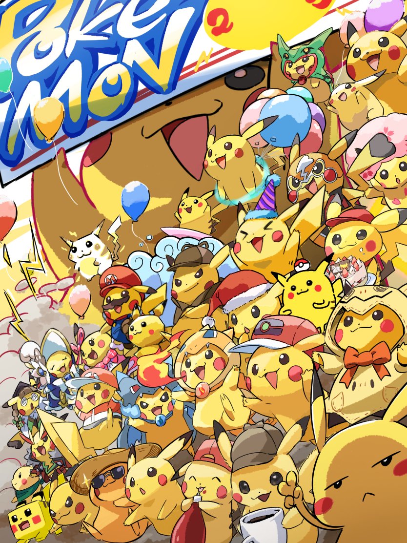 &gt;_&lt; :&lt; :3 :d arms_up ayo_(ayosanri009) balloon banner black_eyes brown_headwear charizard charizard_(cosplay) closed_mouth clothed_pokemon coffee commentary_request copyright_name cosplay cosplay_pikachu cup detective_pikachu_(character) detective_pikachu_(series) dynamax fire flying_pikachu food food_on_face frown fur-trimmed_headwear fur_trim gen_1_pokemon gen_3_pokemon gen_7_pokemon gigantamax gotcha! happy hat holding holding_cup hood hood_up ketchup ketchup_bottle legendary_pokemon licking mario mario_(cosplay) mimikyu mimikyu_(cosplay) mug nintendo no_humans open_mouth party_hat pikachu pikachu_belle pikachu_libre pikachu_phd pikachu_pop_star pikachu_rock_star poke_ball poke_ball_(basic) pokemon pokemon_(creature) pokemon_cafe_remix pokemon_mystery_dungeon pokemon_quest pokemon_rumble rayquaza rayquaza_(cosplay) red_headwear santa_hat smile smoke sparkle sunglasses surfing_pikachu tongue tongue_out too_many too_many_pikachu