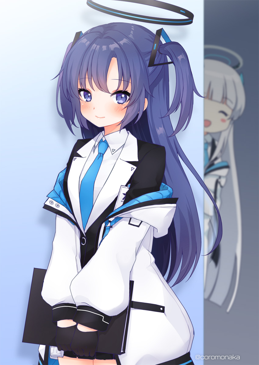2girls :d ^ black_gloves blazer blue_archive blue_necktie blunt_bangs blurry blush_stickers book coat collared_shirt commentary_request coromonaka depth_of_field gloves hair_ornament half_gloves halo headgear highres holding holding_book id_card indoors jacket long_hair long_sleeves looking_at_viewer multiple_girls necktie noa_(blue_archive) open_clothes open_coat open_mouth parted_bangs peeking_out pleated_skirt school_uniform shirt sidelocks skirt smile solo_focus triangle_hair_ornament two_side_up v_arms white_coat white_hair yuuka_(blue_archive)