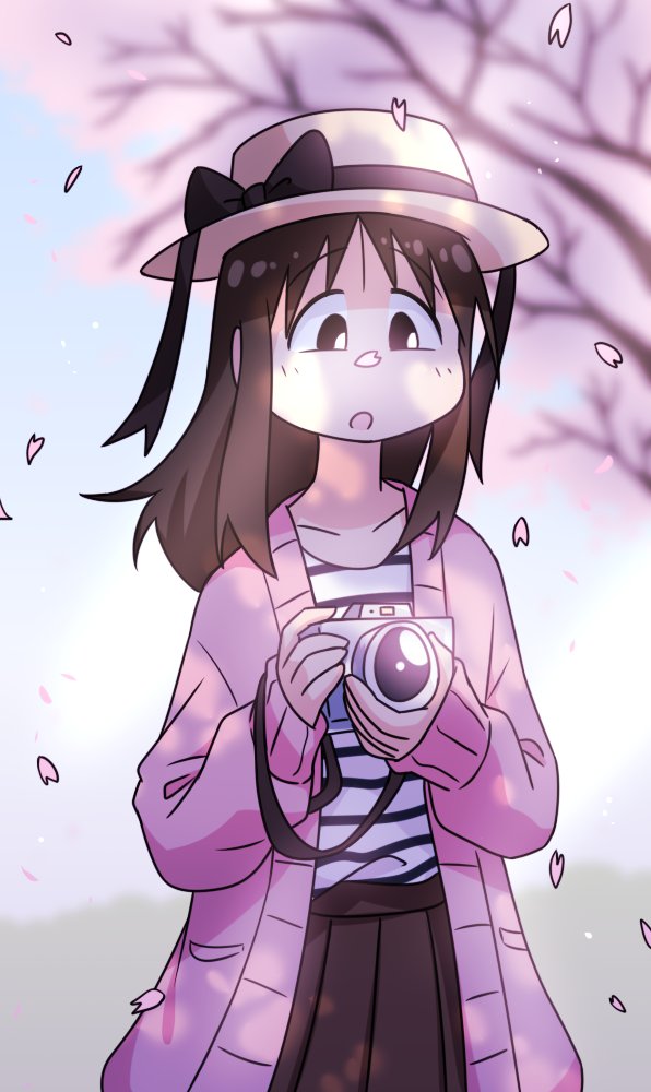 1girl azumanga_daiou black_eyes boater_hat bow brown_bow brown_hair brown_skirt camera cherry_blossoms falling_petals farhan_melukis grass holding holding_camera jacket kasuga_ayumu looking_down petals pink_jacket pleated_skirt ribbed_jacket shining shirt skirt sky spring_(season) striped_clothes striped_shirt