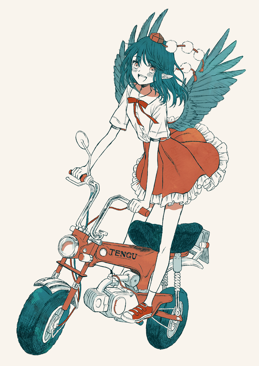 1girl :d beige_background black_hair black_wings blush casual commentary_request female_focus flat_color frilled_skirt frills full_body happy hat highres leaning_forward legs_apart limited_palette looking_at_viewer monkey_bike motor_vehicle noped open_mouth pointy_ears pom_pom_(clothes) red_eyes red_hat red_ribbon red_shoes red_skirt ribbon round_teeth shameimaru_aya shirt shoes short_sleeves simple_background skirt smile socks solo standing teeth tokin_hat touhou touya_(konpekitou) white_background white_shirt white_socks wings