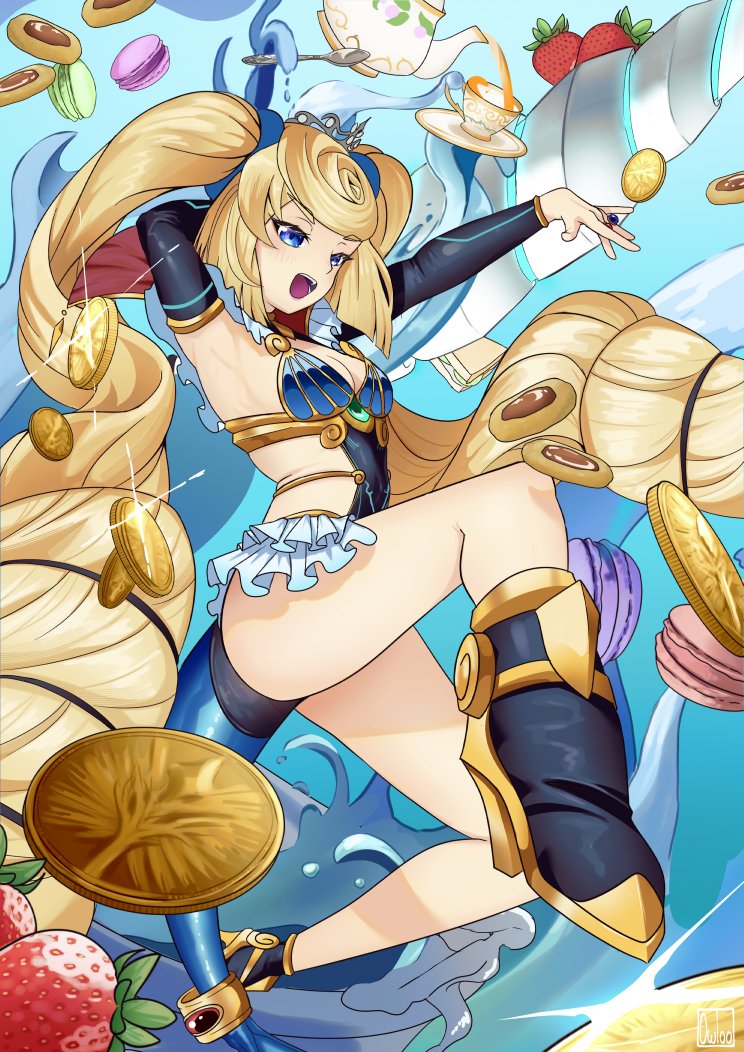 1girl arm_behind_head armpits blonde_hair blue_eyes breasts cleavage coin crown cup food fruit long_hair macaron one-piece_swimsuit owloo_art sheba_(xenoblade) smile solo strawberry swimsuit teacup teapot xenoblade_chronicles_(series) xenoblade_chronicles_2