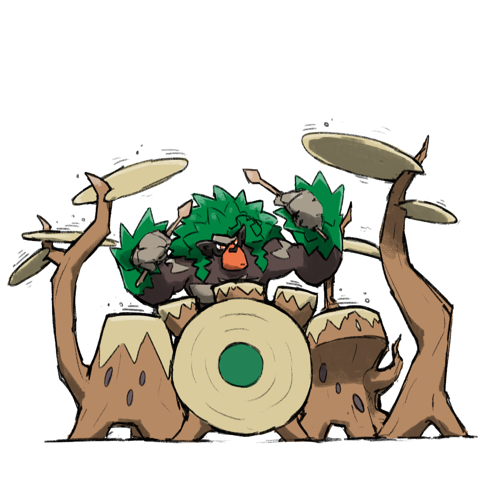 animal_focus arms_up blacknirrow closed_mouth drum drum_set drumming drumsticks gen_8_pokemon holding holding_drumsticks instrument nintendo no_humans pokemon pokemon_(creature) red_eyes rillaboom simple_background solo white_background